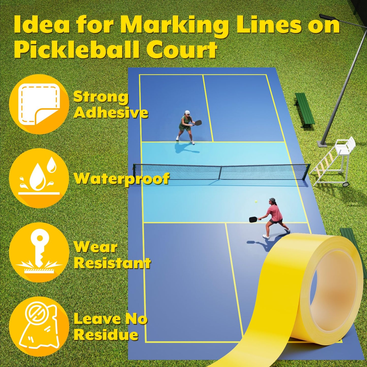 Pickleball Court Tape Outdoor Yellow Marking Line - 212 ft x 2 in Full Size Court Floor Sports Marking Tape for Pickle Ball, Tennis, Badminton, Car Park, Backyard, Water-Resistant & Tear Resistant