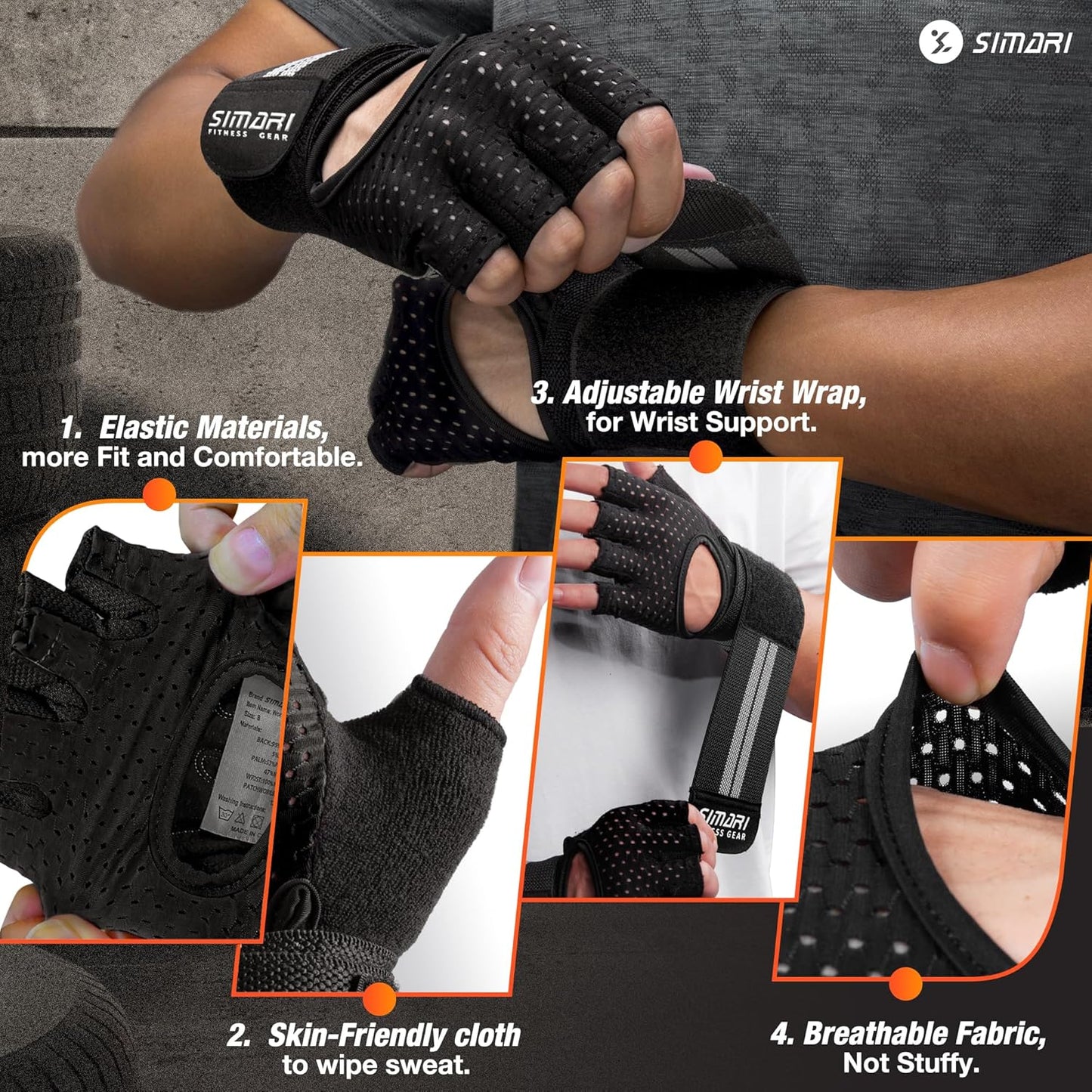 SIMARI Workout Gloves - Breathable Padded Weight Lifting Gloves with Wrist Wraps | Full Palm Protection, Fingerless, Black