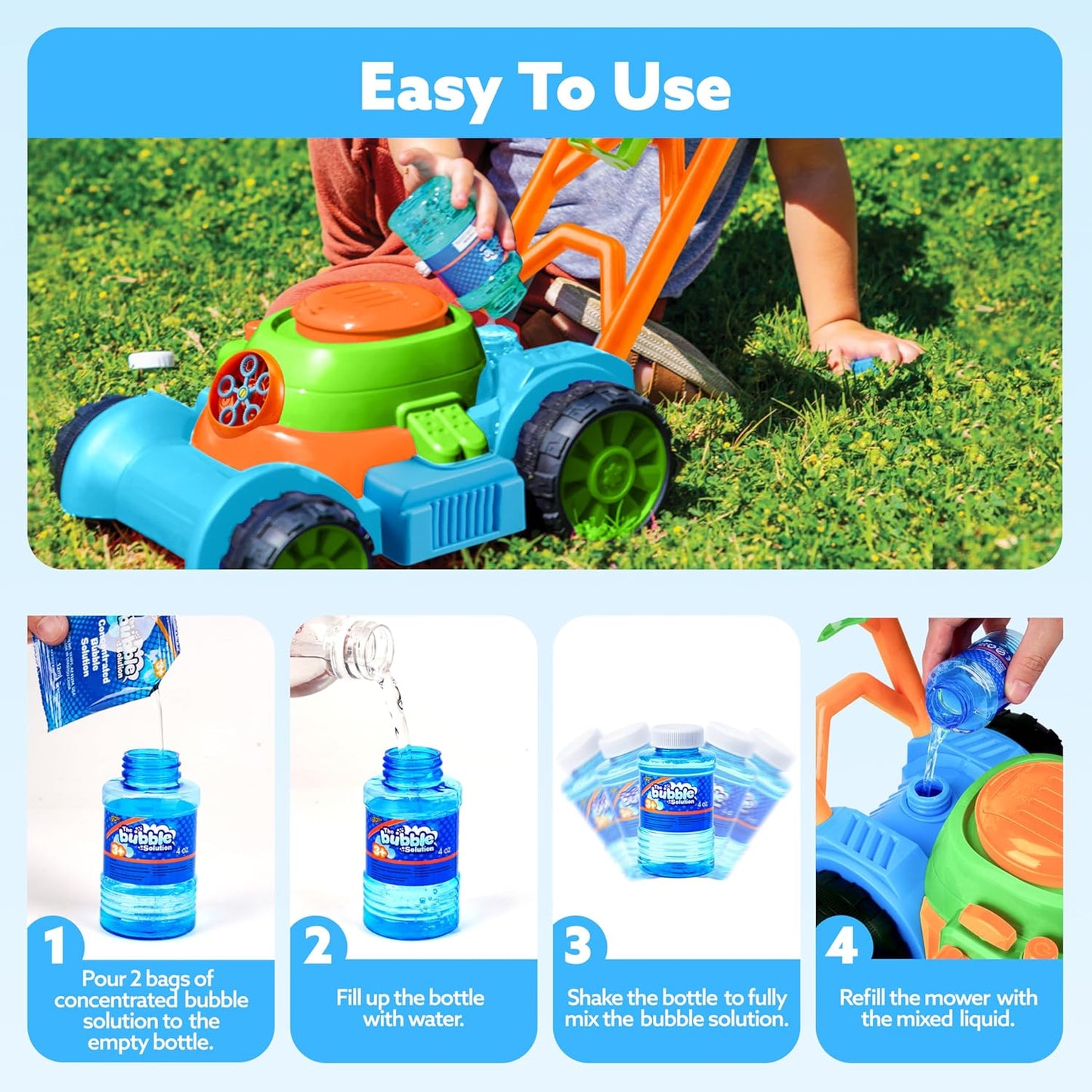 SLOOSH Bubble Lawn Mower - Spill-Proof Bubble Machine for Toddler Gardening Play | Blue, Ages 1-3