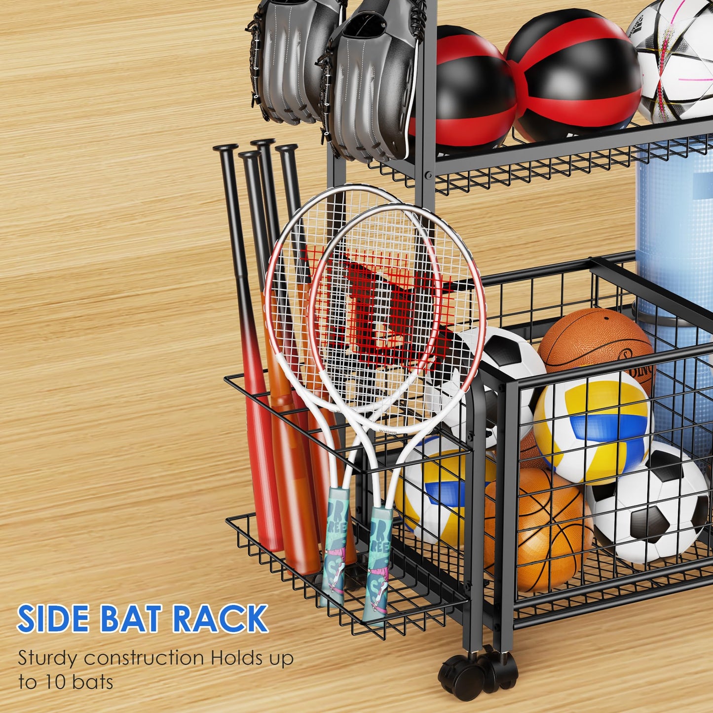 FULOOPHI Garage Ball Storage, 2 in 1 Sports Equipment Organizer, Garage Organizer with Basket and Hooks, Individually Movable Rolling Sports Ball Organizer Cart, Black
