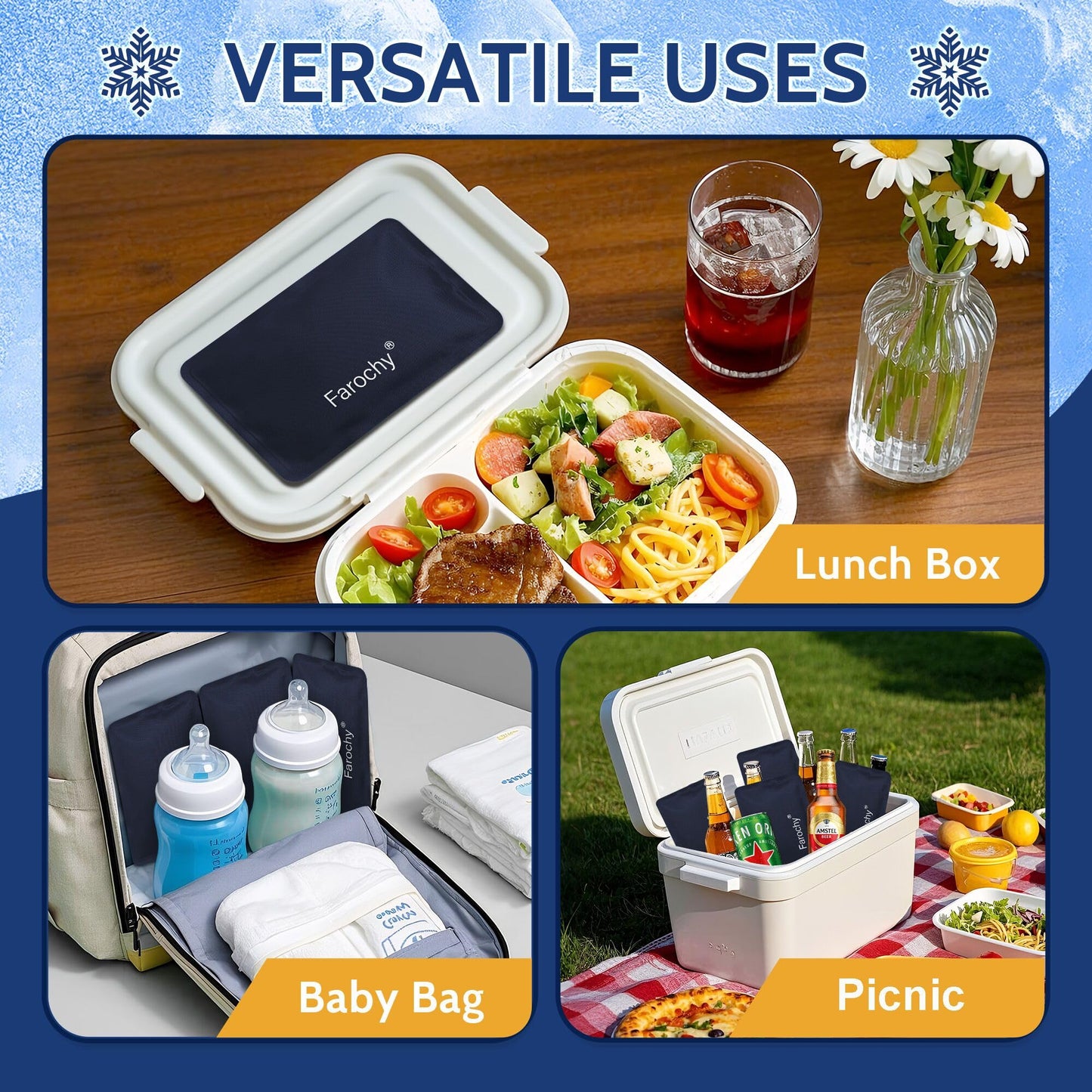 Farochy Reusable Ice Packs for Lunch Boxes - 4Packs Soft Ice Packs Freezer Packs for Cooler Gel Ice Packs, Keep Food Cold or Hot, Navy