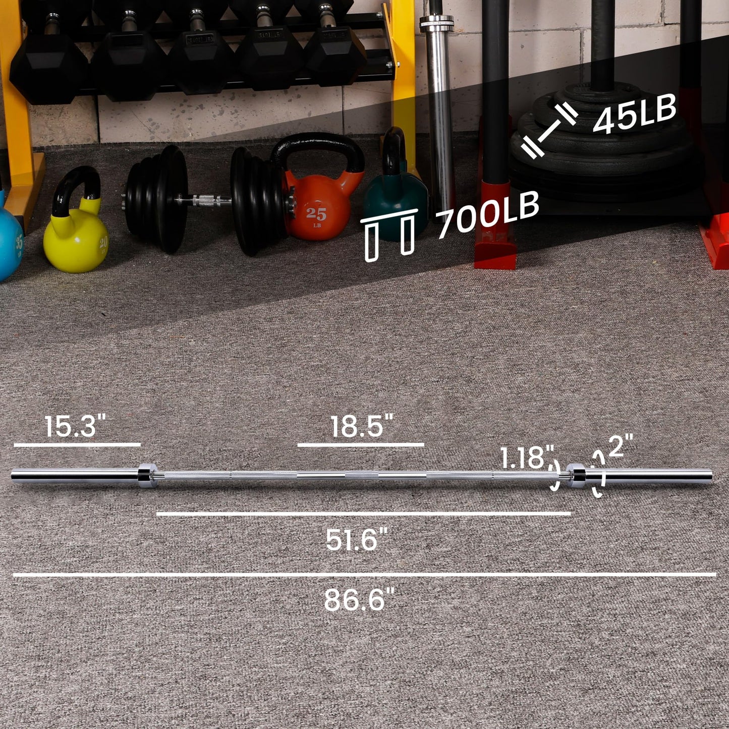 Fitvids 2 Inch Olympic Barbell Bar, 7 Feet Bar with Collar for Home Gym Strength Training, weight lifting, Bench Press, 700 LB Capacity