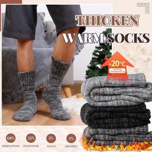 AMENLAN Merino Wool Boot Socks Thermal Winter Ski Thick Warm Hiking Socks for Women Men 3 Pairs (Grey,Medium)