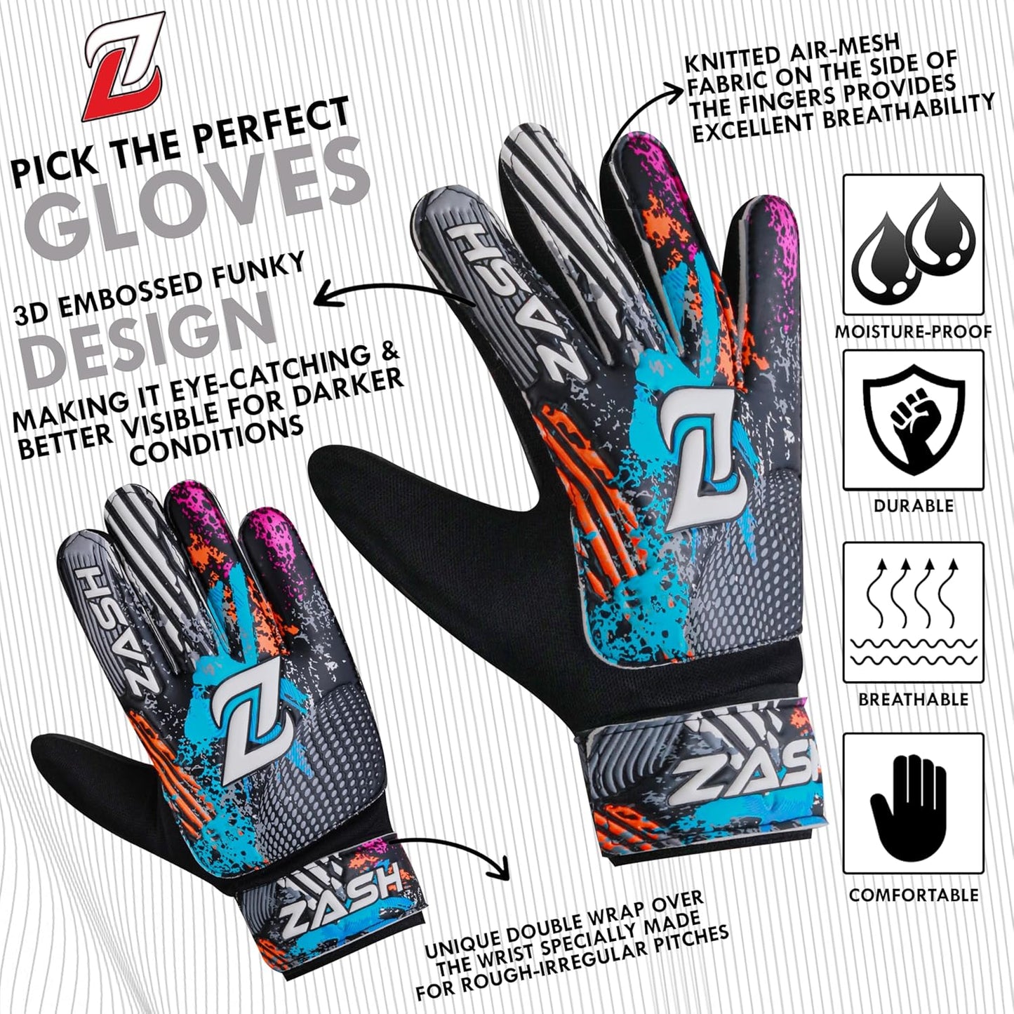 ZASH Soccer Goalie Gloves - Double Wrist Protection & 4-mm Latex Grip | Youth & Adult Sizes