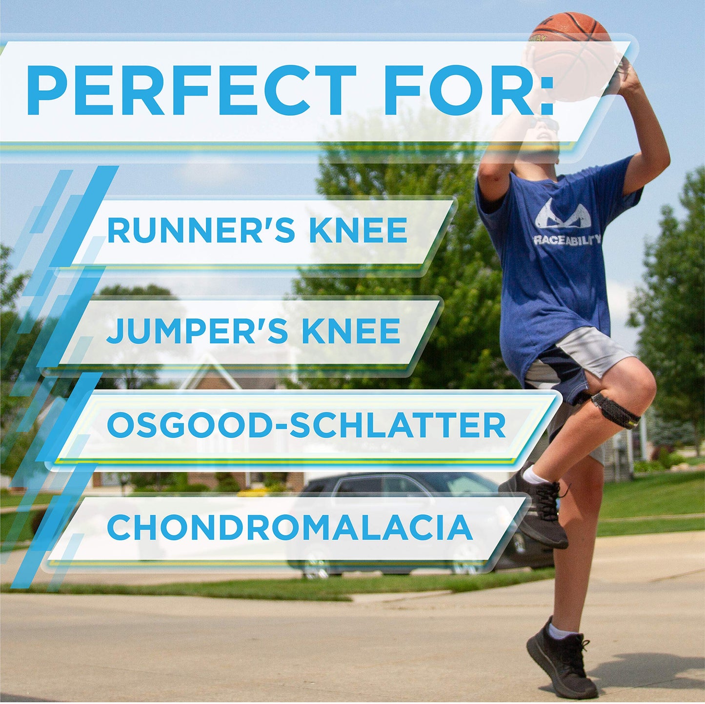 BraceAbility Kids Knee Band - Youth Patellar Tendon Support Strap Child Osgood Schlatter Brace for Jumpers Knee, Patella Tendonitis, Sports Wrap for Running, Soccer, Volleyball, Basketball (S)