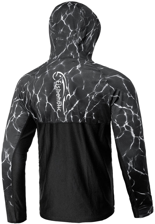 Fishoholic UPF 50 Performance Fishing Shirt - Long Sleeve Hoodie - Loose Keg Fit - Breathable Quick Dry Sun Protection (LSH-BLKh2o-XXL)