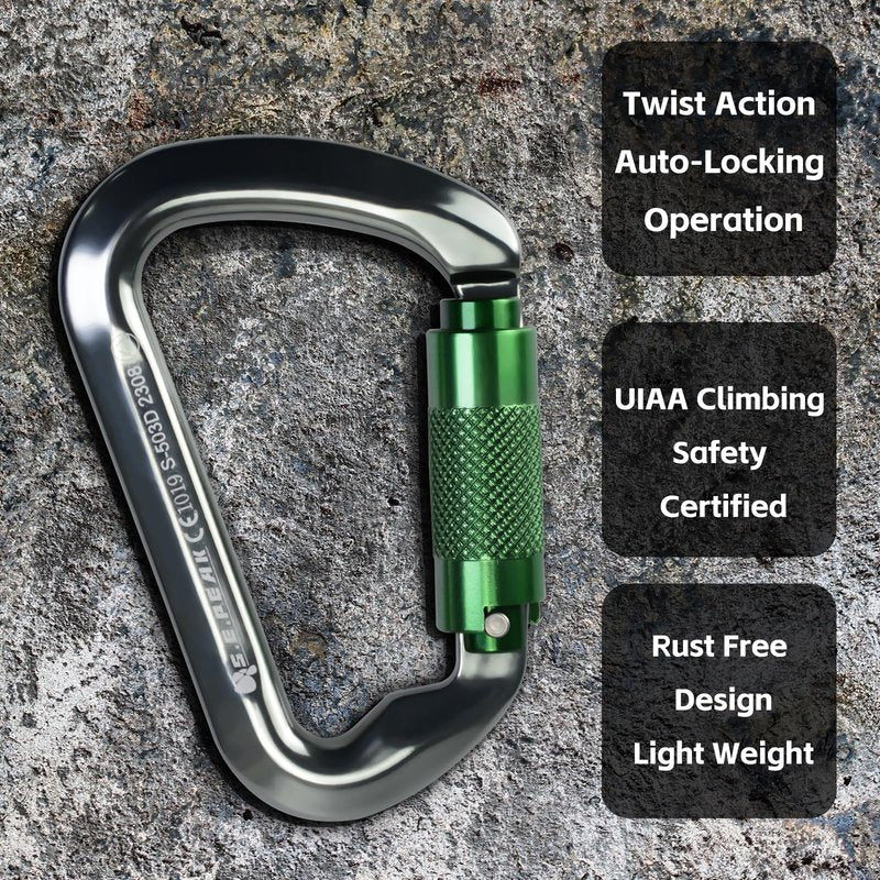 SEPEAK UIAA CE 30kN Climbing Carabiner Clips, Professional Heavy Duty Twist Locking Carabiners for Climbing,Mountaineering, Rappelling, Camping, Hiking, Swings, Large D Ring Hooks