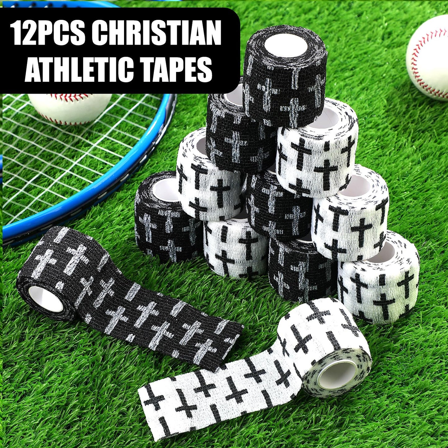 Geiserailie 12 Pack Christian Athletic Tapes 2 Inch x 5 Yards Self Adhesive Bandages Sports Wraps Breathable Elastic Wrap Non Woven Bandage for Wrist, Ankle, Baseball Football (White and Black)