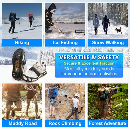 Ice Cleats for Shoes and Boots Walk Traction Crampons Anti Slip 24 Studs Ice Snow Grippers for Women Men Kids Winter Hiking Climbing Fishing Gear