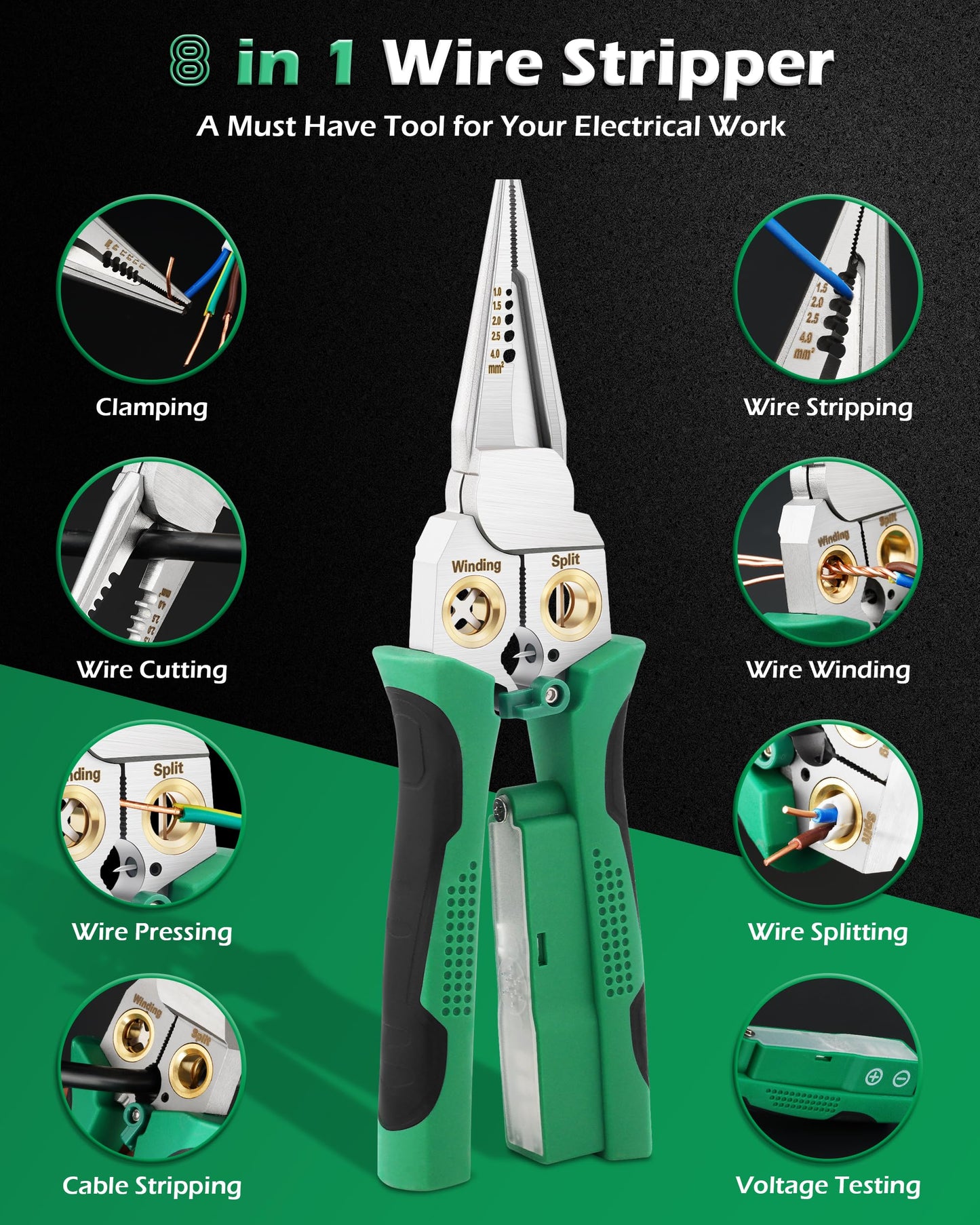 FAITIO 8 In 1 Wire Stripper with Voltage Tester, Wire Strippers/Crimper with Plier, Cutters, Splitting(12V-250V), Wire Stripping Tools for 10-18 AWG for Professional Electrician & DIY Tool