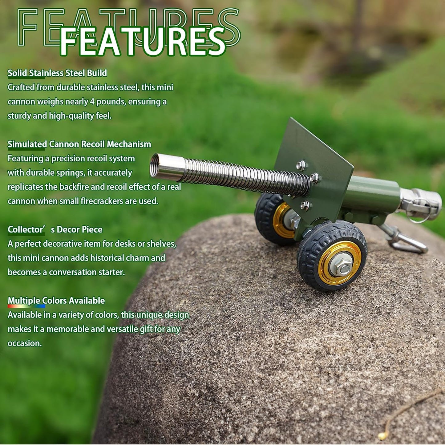 TIETHEKNOT Stainless Steel Mini Cannon Model - Recoil Mechanism for Outdoor Games & Collectors (Green)