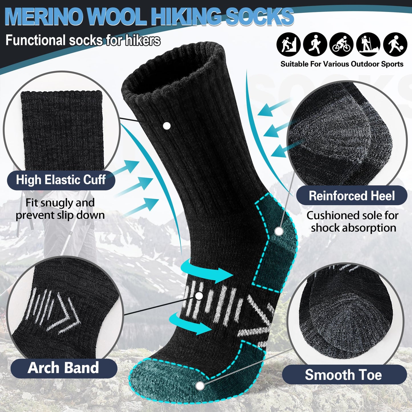 SAVALOS Merino Wool Hiking Socks for Men Thermal Warm Winter Cozy Work Crew Gifts Socks Stocking Stuffers 5 Pairs(Arrow-Mixed,M)