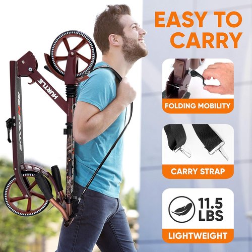 Hurtle Renegade Kick Scooter - 2-Wheel Folding Design with Adjustable T-Bar Handlebar | Anti-Slip Alloy Deck