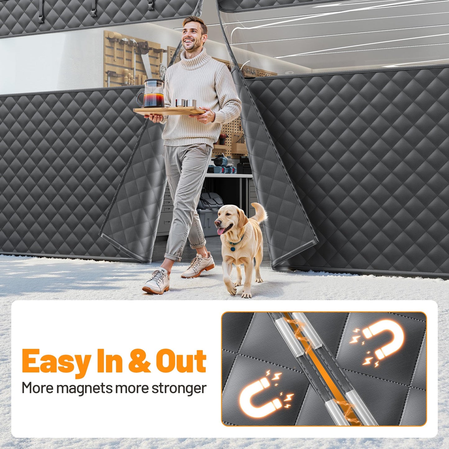 Car Garage Door Insulation Kit Fits 8x7 FT - Magnetic Thermal Insulated Door Curtains for Winter with Clear Window, Garage Door Cover Blanket Panels Screen for 1 Car Garages- Black