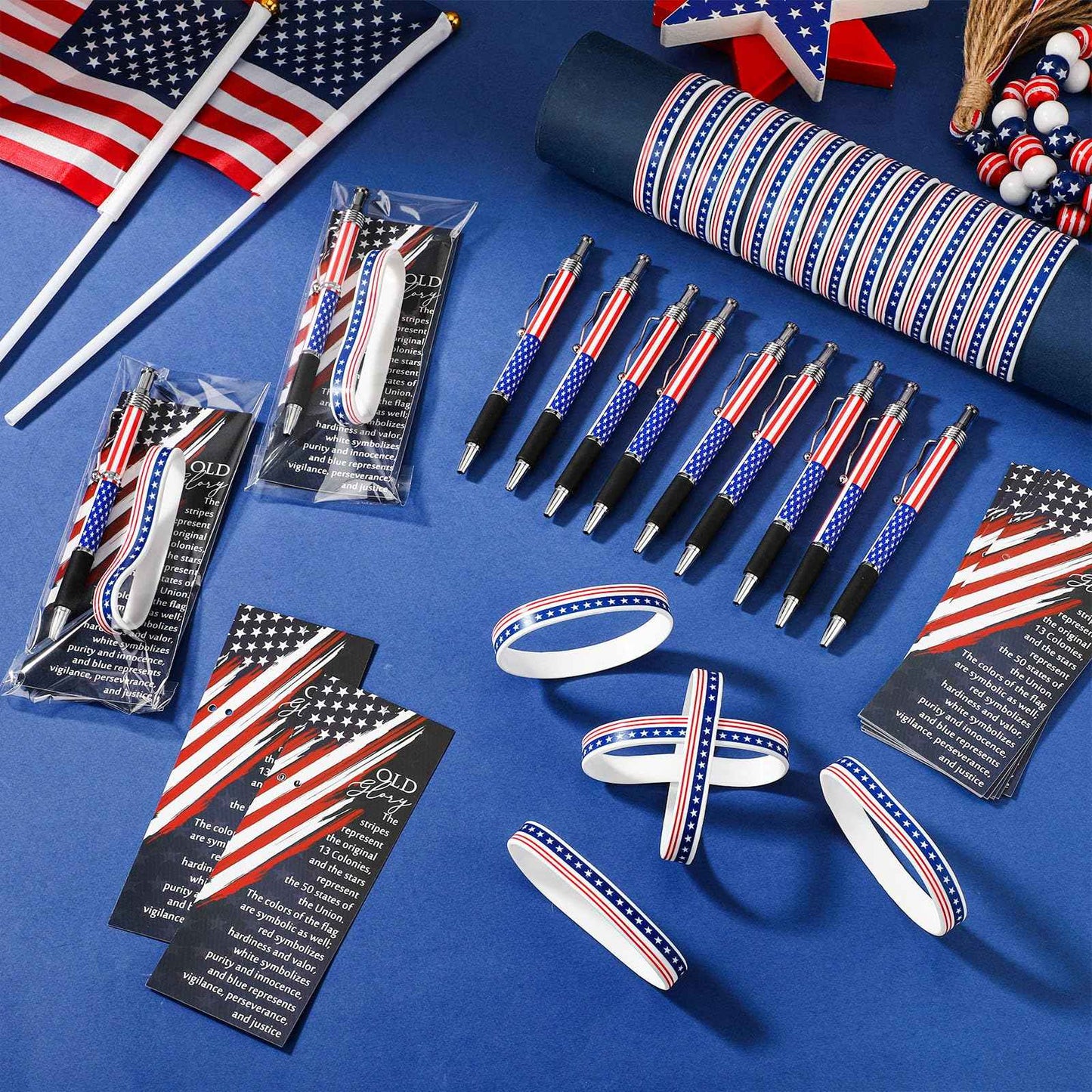 Sayglossy 180 Pcs Veterans Day Gifts American Flag Ballpoint Pens Red White Blue Patriotic Stars Stripes Stationery Gift Silicone Wristband Bookmarks for Patriot Memorial Heroes Supplies