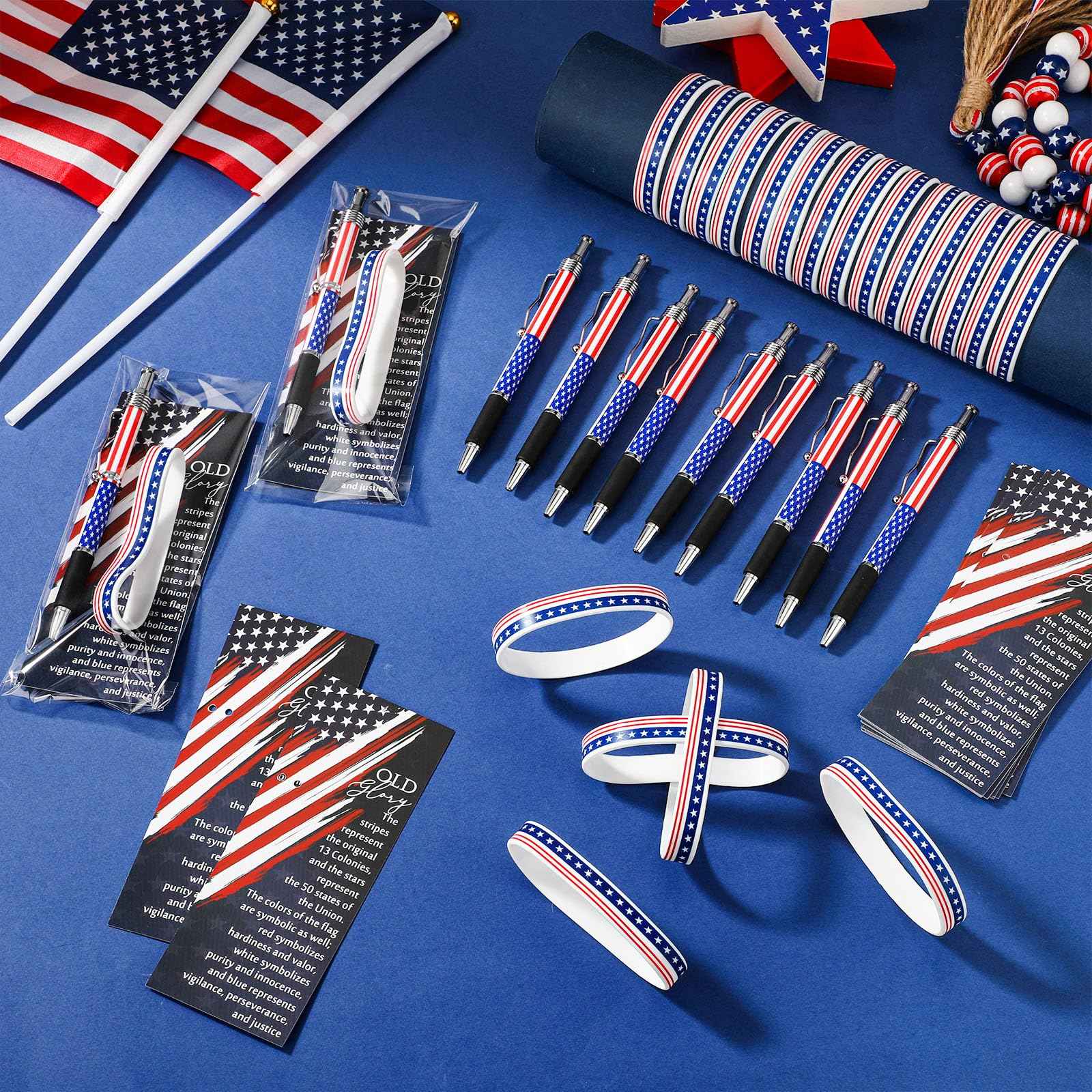 Sayglossy 180 Pcs Veterans Day Gifts American Flag Ballpoint Pens Red White Blue Patriotic Stars Stripes Stationery Gift Silicone Wristband Bookmarks for Patriot Memorial Heroes Supplies