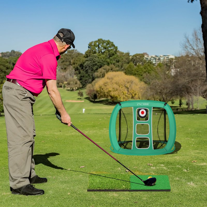Pop Up Golf Chipping Net, Indoor/Outdoor Golfing Target Net Collapsible Portable Golf Hitting Net with 15 Training Balls and 2 Hitting Mats for Backyard Driving and Swing