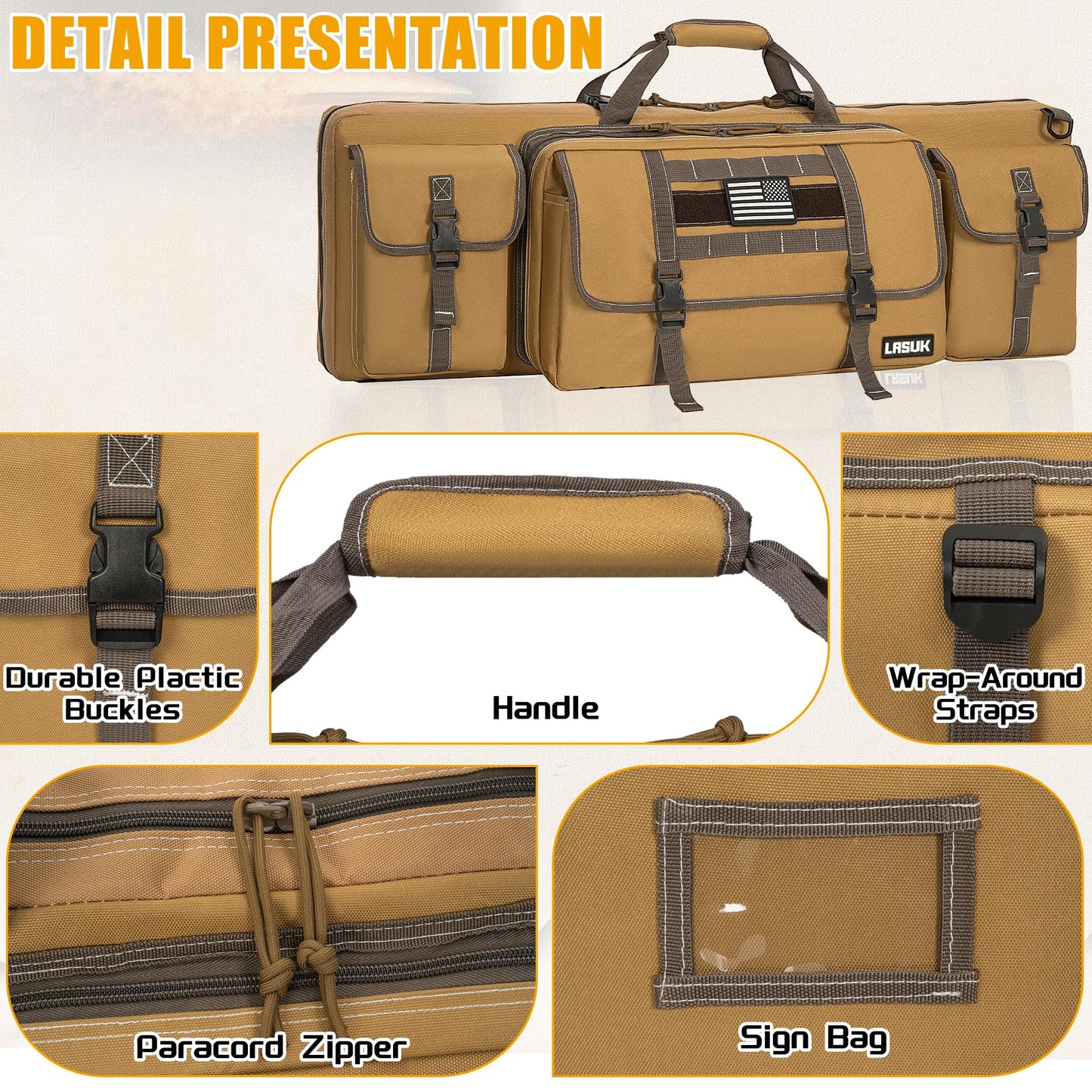 LASUK 46" Soft Double Rifle Bag, Portable Long Rifle Bag for Outdoor Hunting Shooting, Gun Case Storage & Transportation(Yellow)