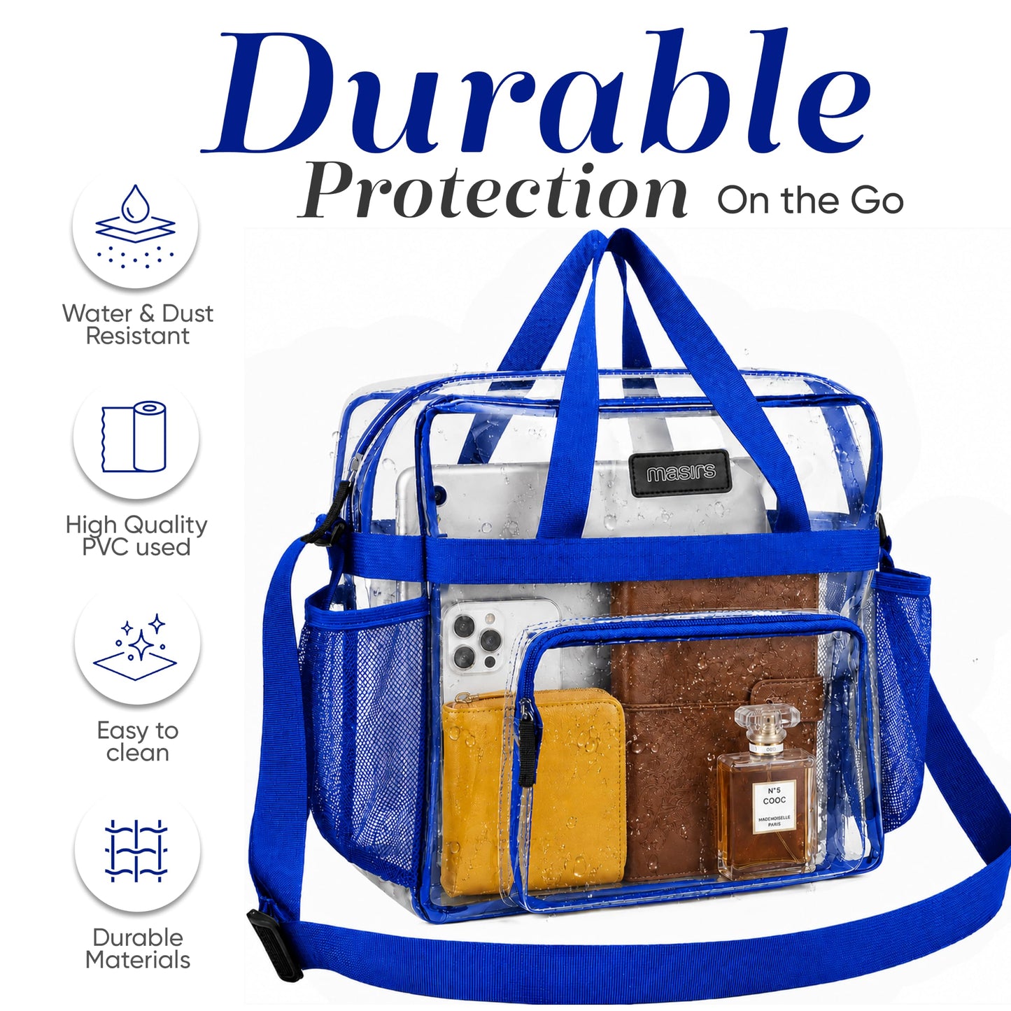 Masirs Clear Tote Bag Stadium Approved 12 x 12 x 6 - Zippered Top, Mesh Pockets & Shoulder Straps, Clear Bag for Work, Sports, Concerts - Meets Stadium Guidelines (Blue)