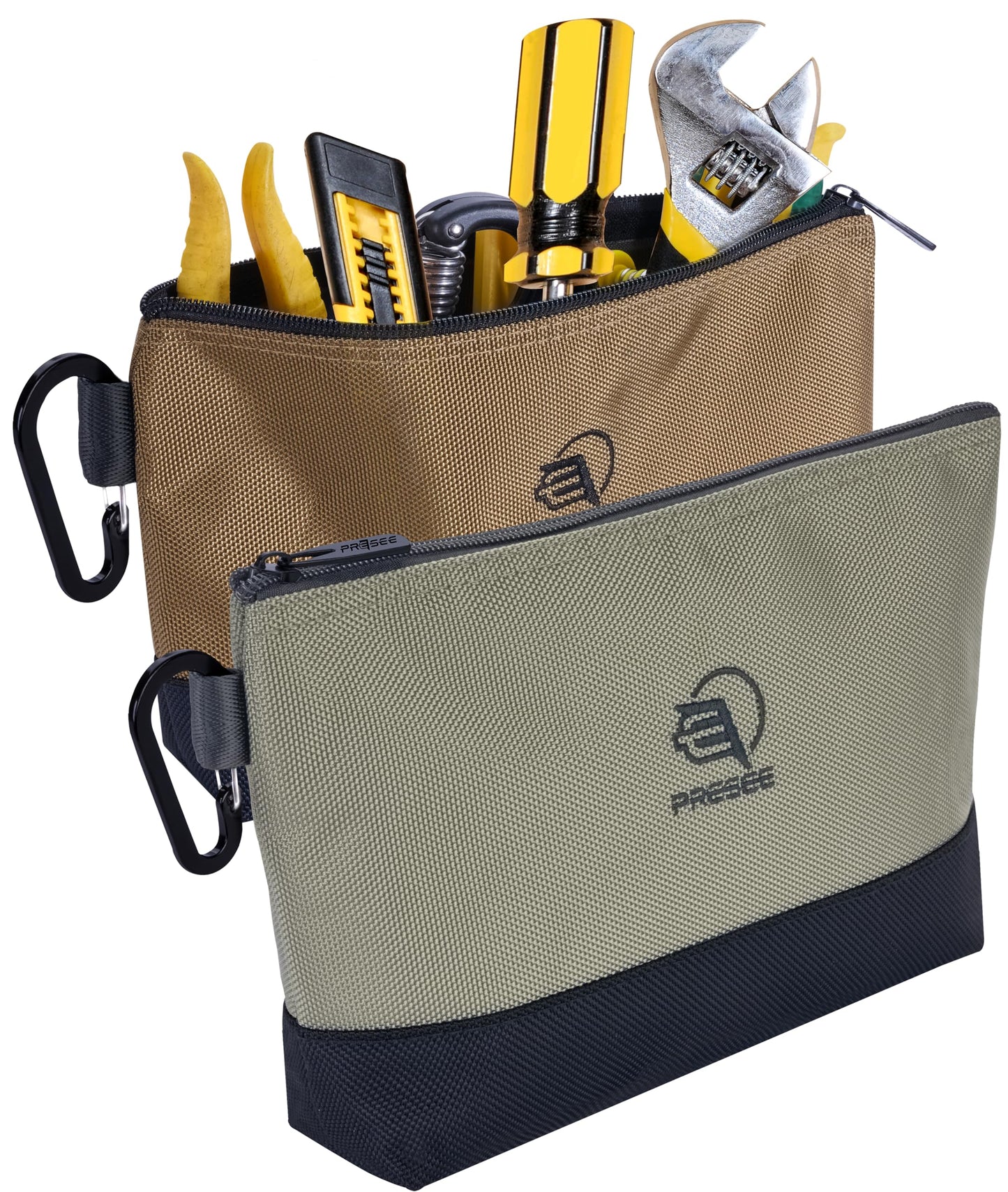 Tool Pouch Zipper Small Tool Pouches Organizer Bag with Metal Carabiner, Nylon 1680D Heavy Duty for Wrenches, Screwdrivers, Pliers, Pack of 2, Green Khaki, 10.5 Inch
