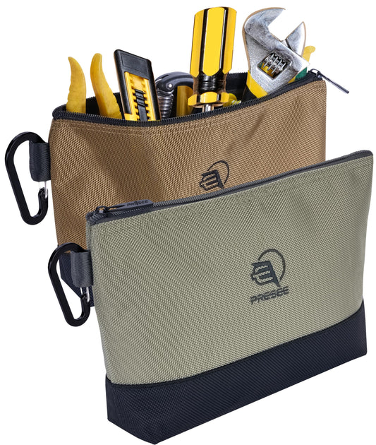 Tool Pouch Zipper Small Tool Pouches Organizer Bag with Metal Carabiner, Nylon 1680D Heavy Duty for Wrenches, Screwdrivers, Pliers, Pack of 2, Green Khaki, 10.5 Inch