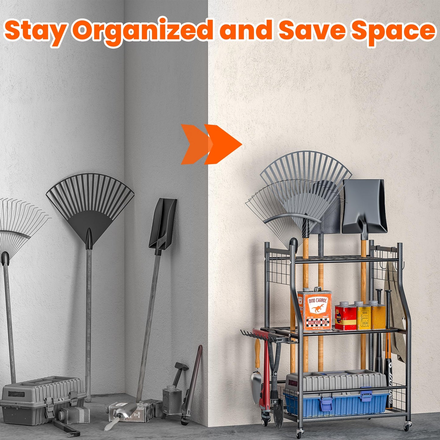 Ultrawall Garden Tool Organizer, Yard Tool Storage Stand for Garage with Lockable Wheels, Shed Tool Storage for Rake, Brooms, Indoor & Outdoor Use