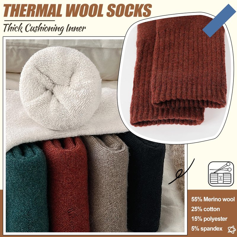 EBMORE Merino Wool Boot Socks Warm Thermal Winter Thick Hiking Cozy Boot Crew Comfy Socks 5 Pairs for Women Gifts Stocking Stuffers(Coffee/Beige/Black/Dark Green,M)