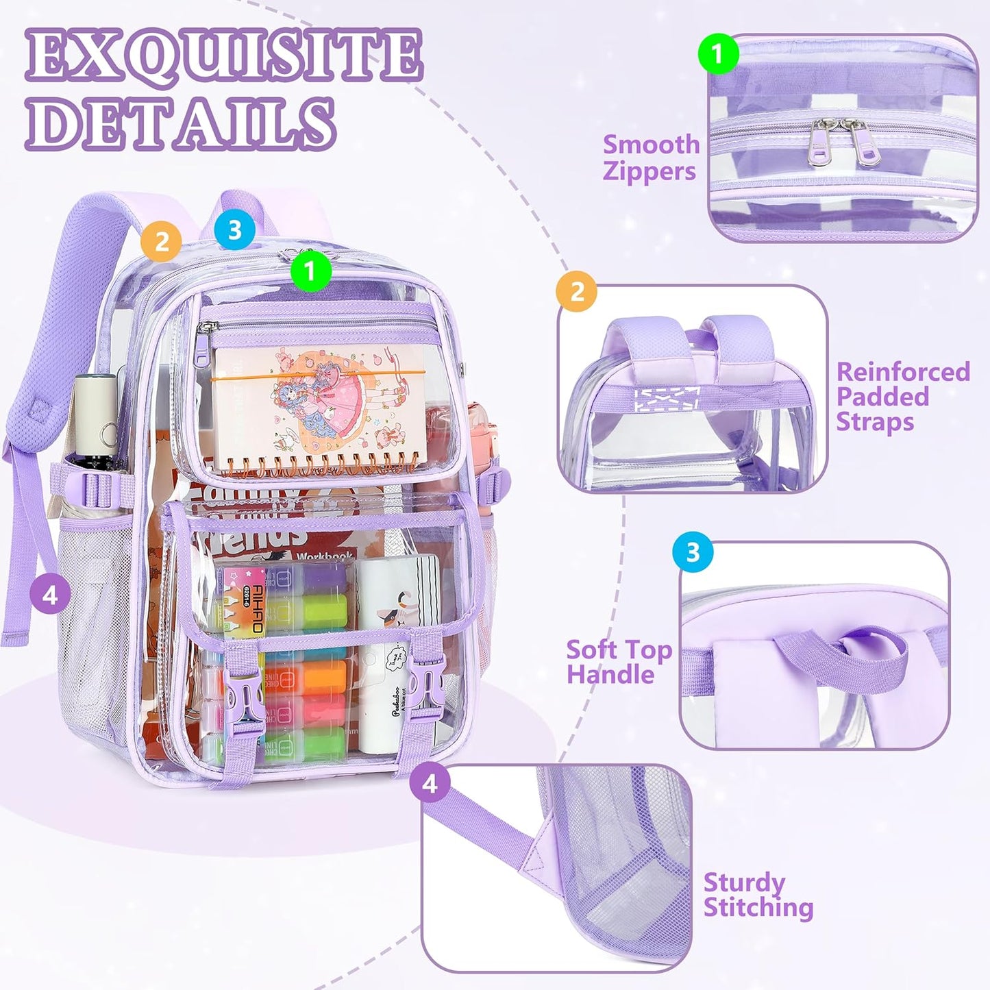 Skiennix Large Clear Backpack - Heavy Duty PVC Transparent Design for 16-Inch Laptops | Purple