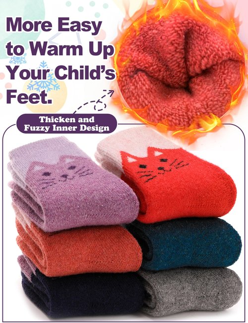 EBMORE Kids Merino Wool Socks for Toddlers Boys Girls Warm Thermal Winter Thick Hiking Heavy Cozy Crew Boot Socks Gift Stocking Stuffer 6 Pairs(Cat Face,1-3 Y)
