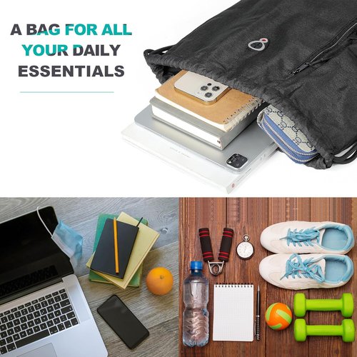 BeeGreen Black Drawstring Gym Bag - Large Sports Backpack with Water Bottle Pocket & Front Zippered Pocket