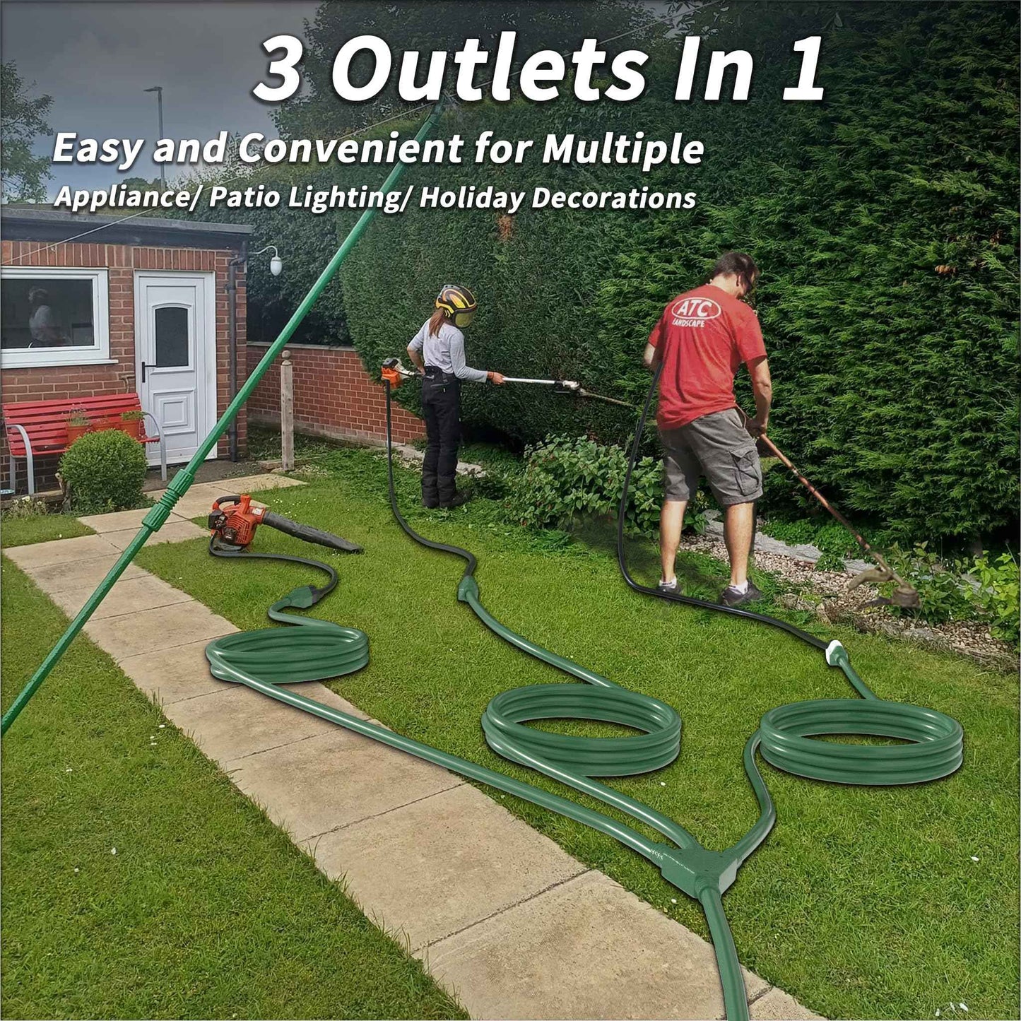 PlugSaf 1 to 3 Splitter Outdoor Extension Cord with Multiple Outlets; 25FT Total (7+6+6+6) 13FT End to End; 16/3 SJTW Green Extension Cord Outdoor Waterproof for Halloween Christmas; 16AWG 1625W ETL