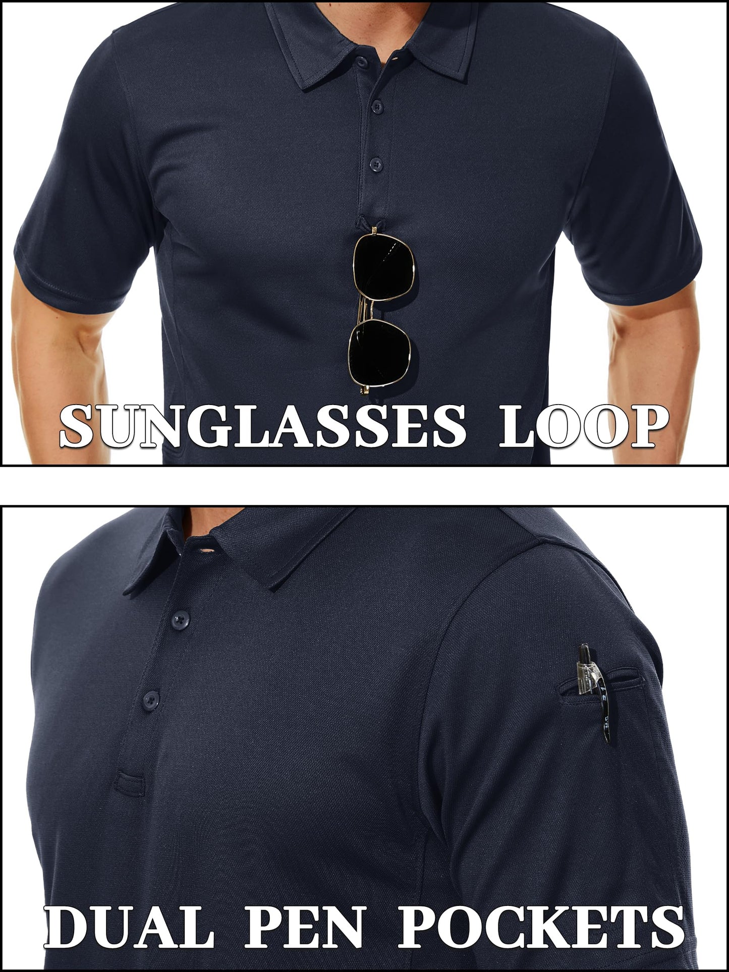 TACVASEN Mens Polo Shirts Short Sleeve Dry Fit Collared Shirt Performance Pique Polos Moisture Wicking for Tactical Athletic Golf Navy L