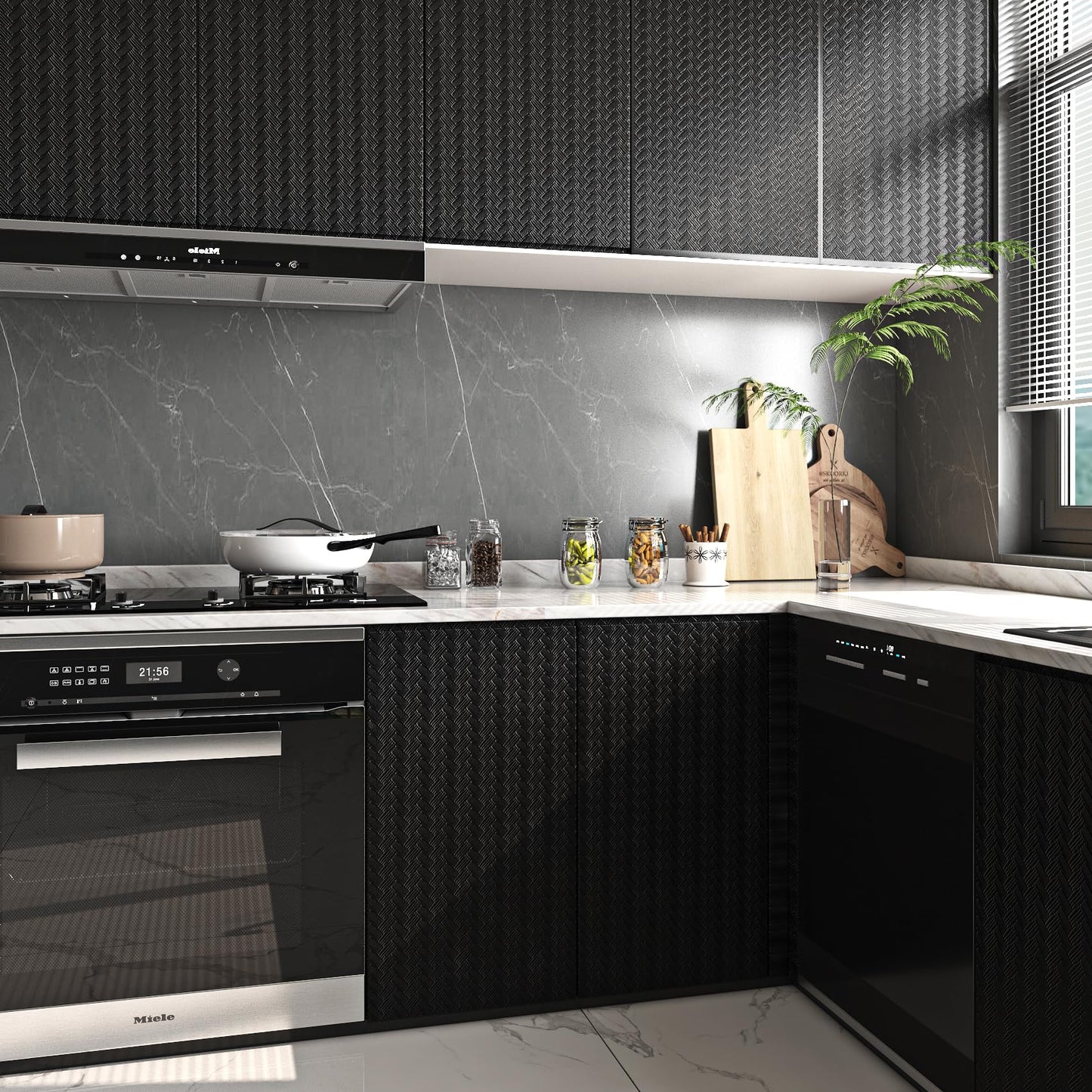 Livelynine Textured Rattan Wallpaper Black Peel and Stick Wall Paper for Bathroom Kitchen Cabinet Covering Waterproof Black Contact Paper for Cabinets 15.8x78.8 Modern Matte Basket Weave Pattern