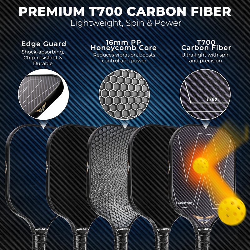 Wingzix Pickleball Set of 4 – T700 Carbon Fiber Pickleball Paddles/Pickleball Racket – 16mm Honeycomb Core, Lightweight – 4 Balls, Carry Bag & Accessories – Premium Gift Set