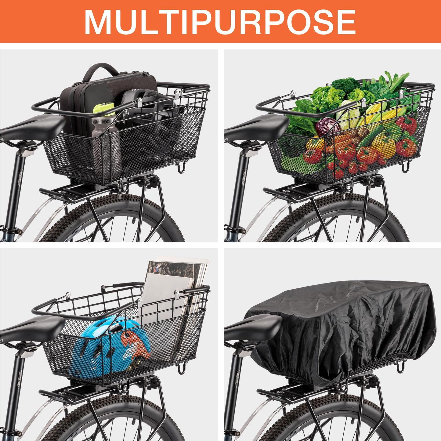 CXWXC Rear Bike Basket with Handle - Quick Release Bicycle Rear Basket with Cargo Net and Waterproof Cover, Wire Bike Baskets Rear Large Capacity (Wire Bike Basket)