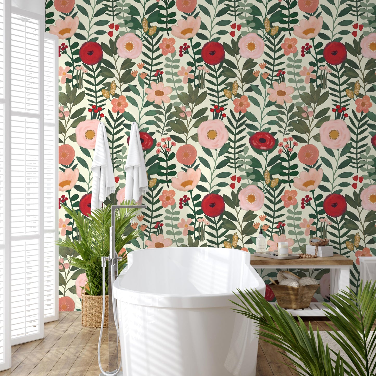 HAOKHOME Floral Peel and Stick Wallpaper Boho Wall Paper Removable for Bedroom Beige/Pink/Red Contact Paper 17.3in x 9.8ft