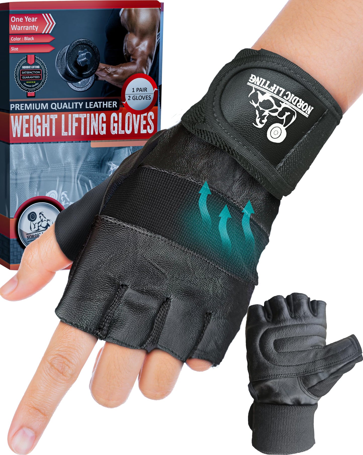 Nordic Lifting Weight Lifting Gloves with 12" Wrist Wraps Support for Gym Workout, Cross Training, Weightlifting, Fitness & Cross Training - The Best for Men & Women - Quality Gear - Large