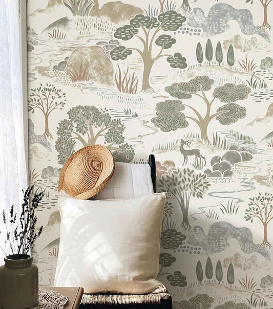 Erfoni 16.9"x197" Boho Forest Peel and Stick Wallpaper Green/Brown/White Contact Paper Forest Self Adhsive Peel and Stick Contact Paper DIY Removable Wallpaper for Bedroom Kids Nursery Decor