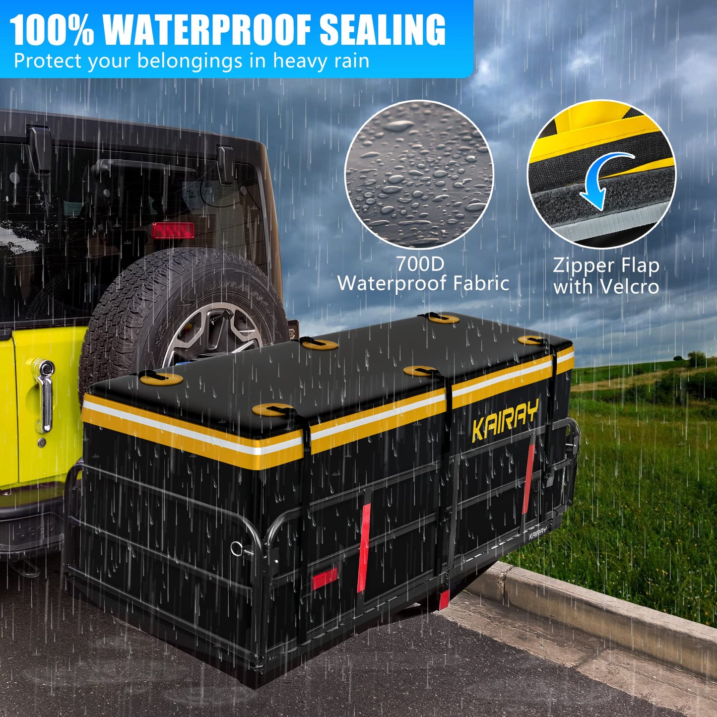 KAIRAY Heavy Duty Folding Hitch mount Cargo Carrier Load Capacity 500 Lbs 60" X 20" X 6" Trailer Fold up Luggage Basket with Stablizer Waterproof Bag Net Ratchet Straps Combination Lock for SUV Pickup