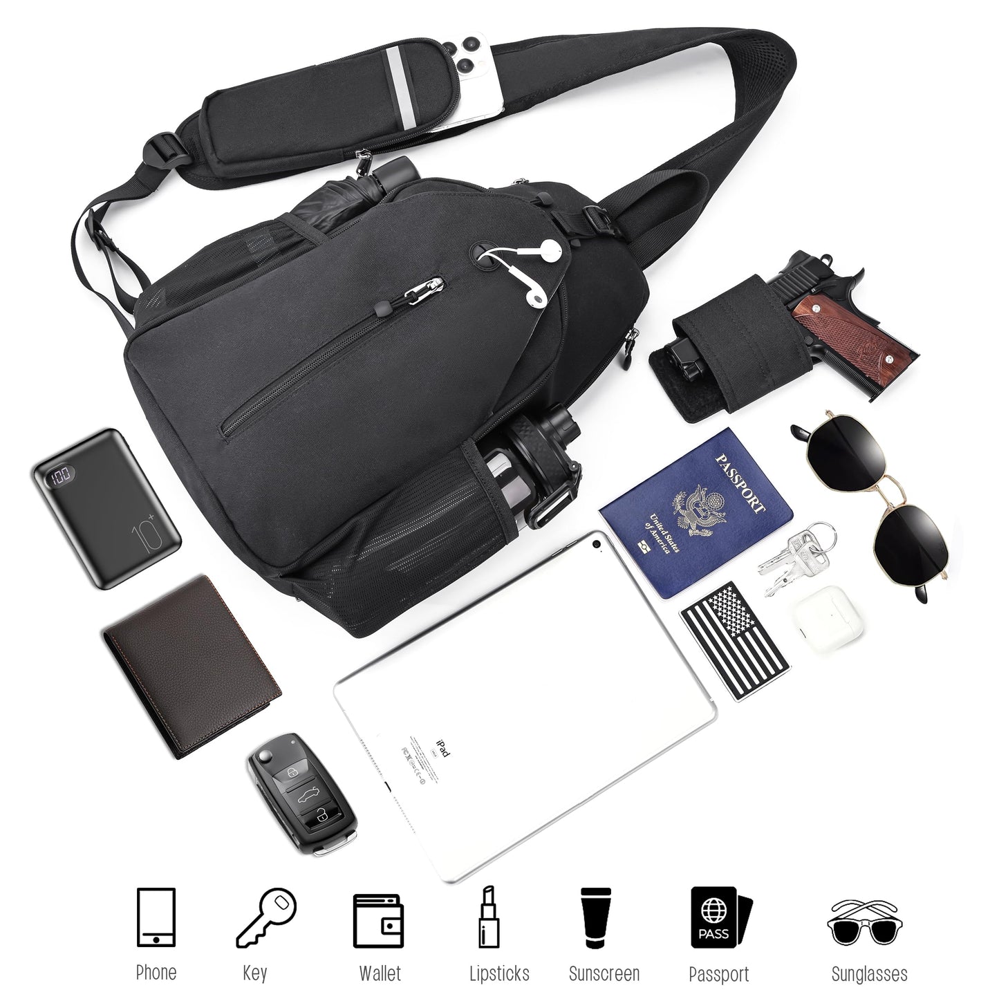 DEYACE Concealed Carry Bag for Men, YKK Zippers Large Crossbody Sling Backpack edc Bag with Gun Holsters, Travel Hiking Chest Pack Daypack
