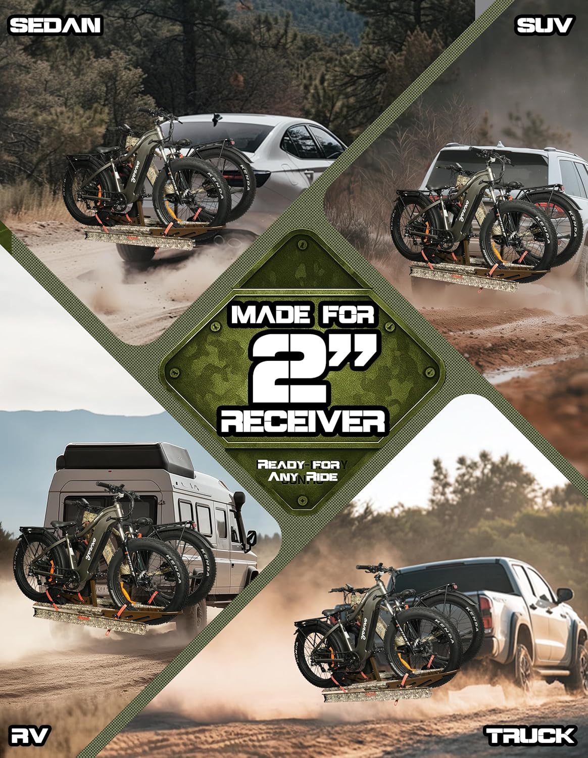 Young Bike Rack - Hitch Mount Bicycle Car Rack for 2 E-Bikes | 200lbs Capacity, Foldable, Anti-Wobble, Camo