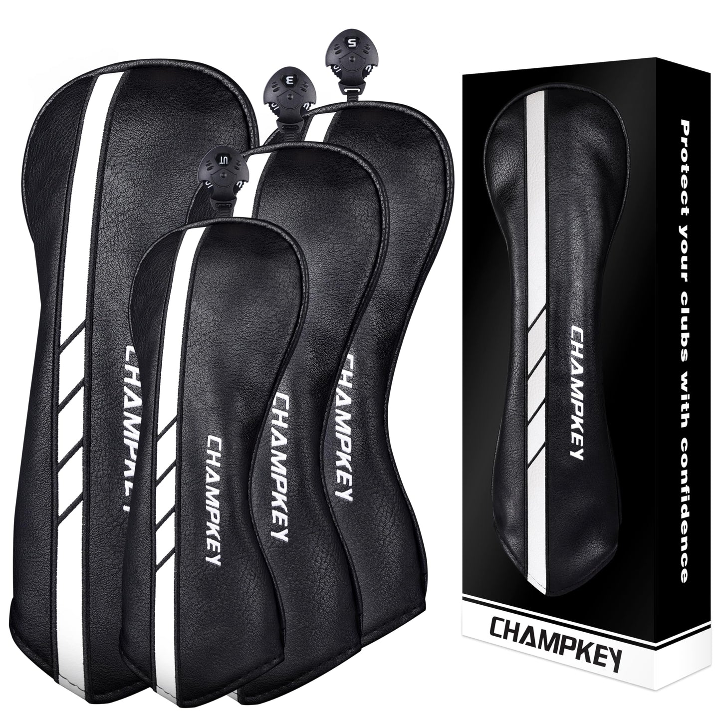 CHAMPKEY Premium Golf Head Covers for Woods and Driver - Advanced Polyurethane Synthetic Leather Golf Club Covers - Choose Between Single Cover and Full Set Covers (Black-4 Head Covers (No.1,3,5,X))