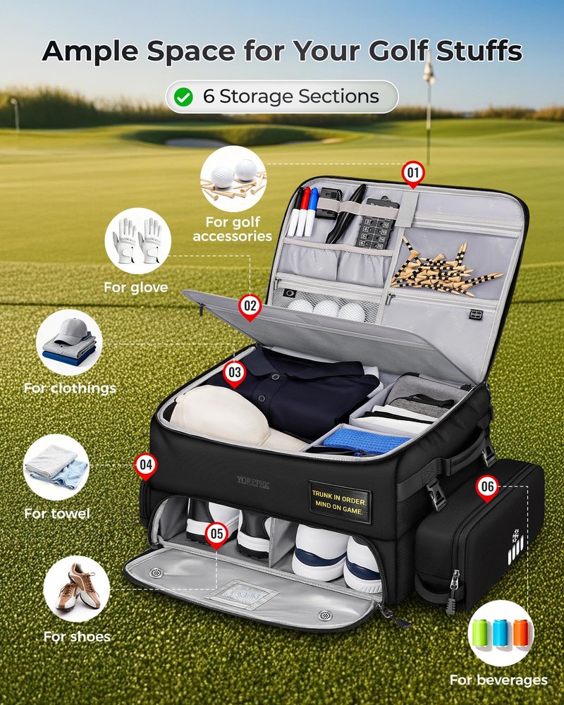 YOREPEK Upgraded Golf Trunk Organizer, Golf Gifts for Men, with Removable Insulated Pouch&Dust-Proof Protective Layer, Multi-Compartment fits 2 Pairs of Shoes, Golf Accessories