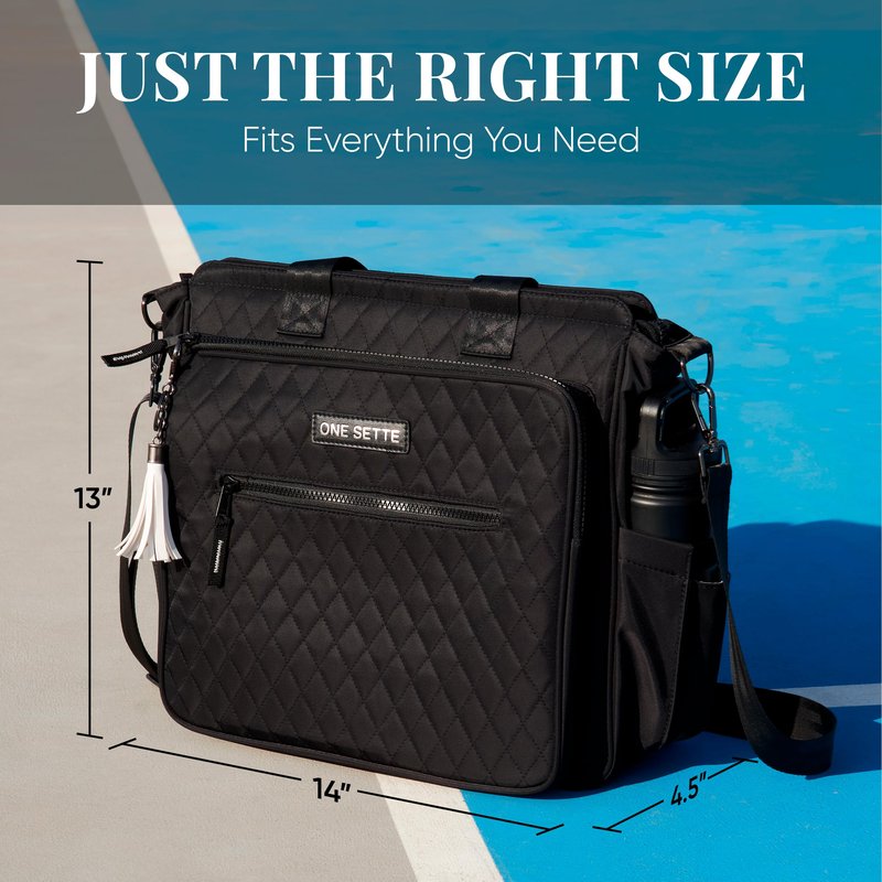 One Sette Pickleball Tote Bag for Women Gifts – Stylish Quilted Black – Lightweight - Pickle Ball Equipment with Fence Hook and Computer Compartment - Adjustable Shoulder Strap - Sports Gear Hand Bag