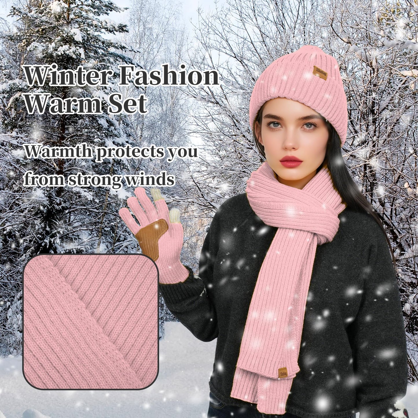 Winter Knit Beanie Hat Scarf Gloves Cold Weather Set, Warm Knit Beanie Long Scarf Touchscreen Gloves,Winter Gifts for Women (Pink, One Size)