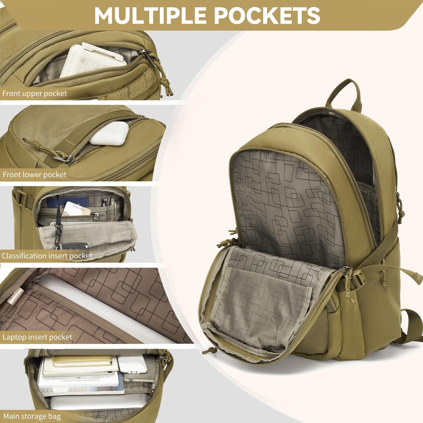 Wotony Military Tactical Backpack for Men Army 3 Days Assault Pack Bag with Molle System for Outdoor Adventures (khaki, 25L)