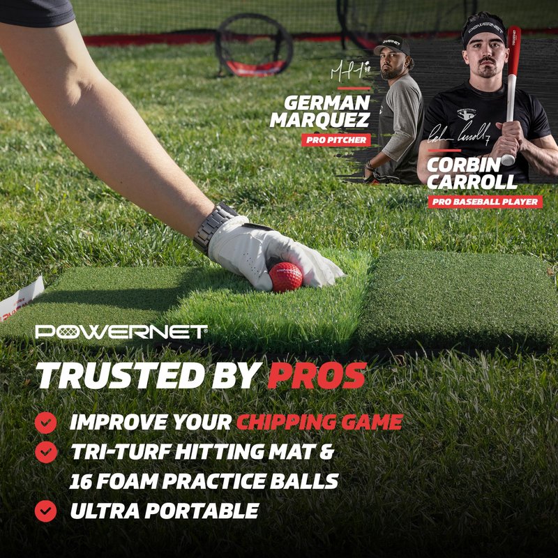 PowerNet Foam Golf Balls & Tri-Turf Mat Bundle, Portable 25" x 16" Hitting Space, Golfing Accessories Training Aid to Improve Swings, 16-Pack Training Balls & Artificial Grass Practice Mat