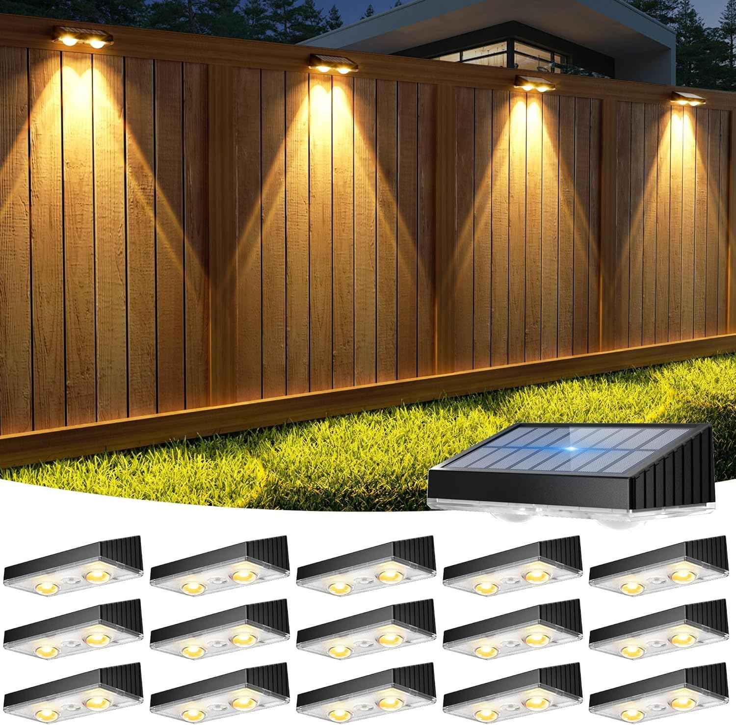 Solar Fence Lights Outdoor - Waterproof Warm White LED Lighting for Backyard, Deck & Patio (16 Pack, Black)