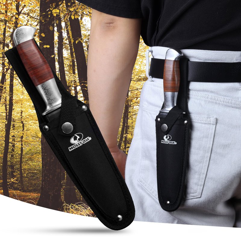 Mossy Oak Fixed Blade Bowie Knife, 2-piece Hunting Knife with Leather Handle Featuring Laser Pattern, Sheath Included