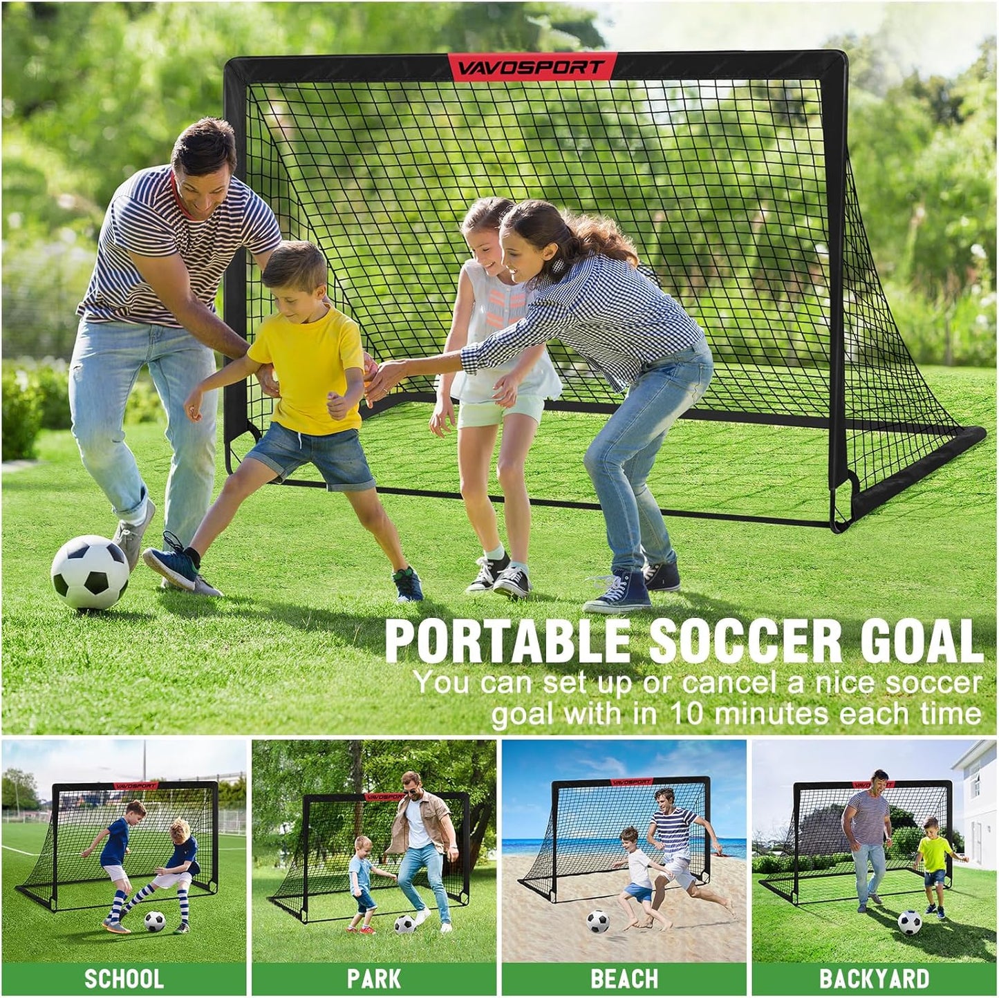 VAVOSPORT Soccer Goal Set - 2 Portable 6'x4' Kids Goals for Backyard Training | Includes Net, Ball & Cones